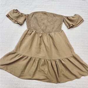 So Cute! Tan off the shoulder dress with puff sleeves- size medium